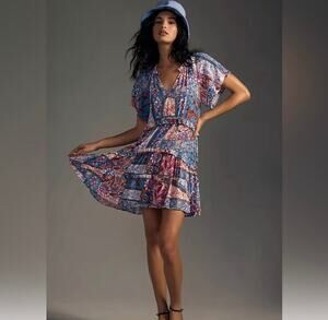 Anthropologie Robin Tiered Mini Dress XL Petite Pink Blue Patchwork Floral
